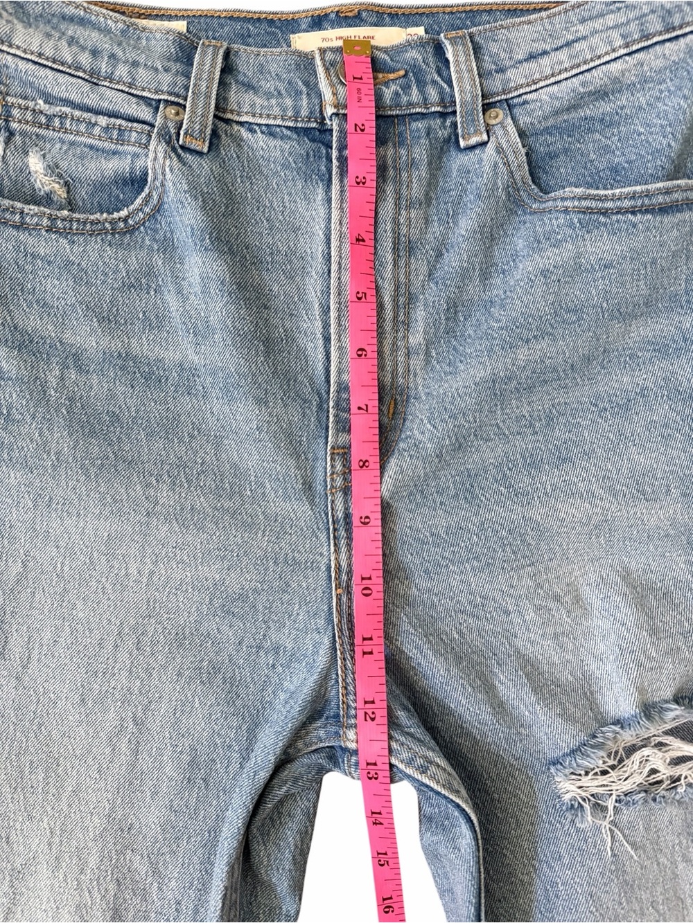 Levi’s Premium 70s High Flare Jeans 26 Light Wash Distressed Denim - Picture 11 of 13